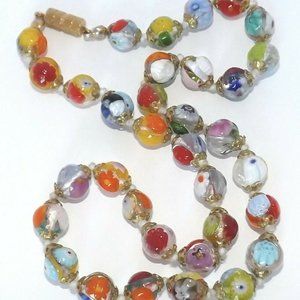 Millefiori Venetian Art Glass Necklace Clear Beads Knotted Barrel Clasp 17"